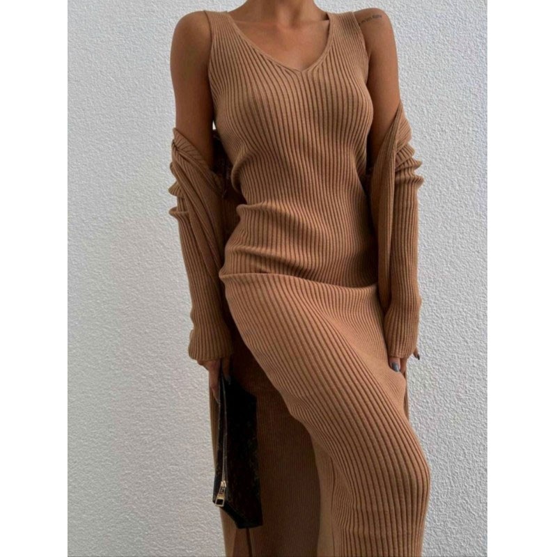 Dress set with long knitted cardigan